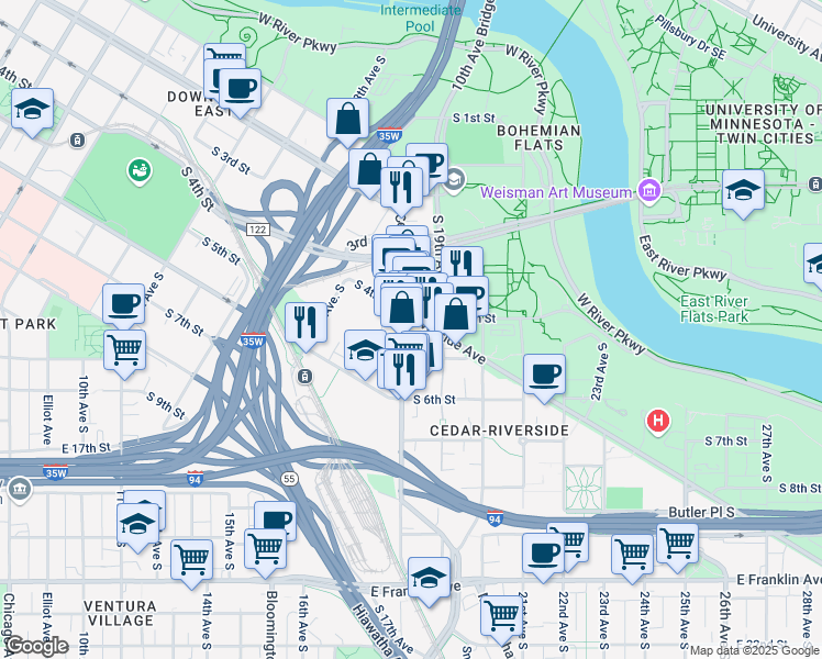 map of restaurants, bars, coffee shops, grocery stores, and more near 406 Cedar Avenue in Minneapolis