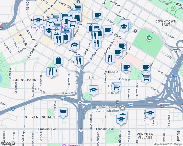 map of restaurants, bars, coffee shops, grocery stores, and more near in Minneapolis