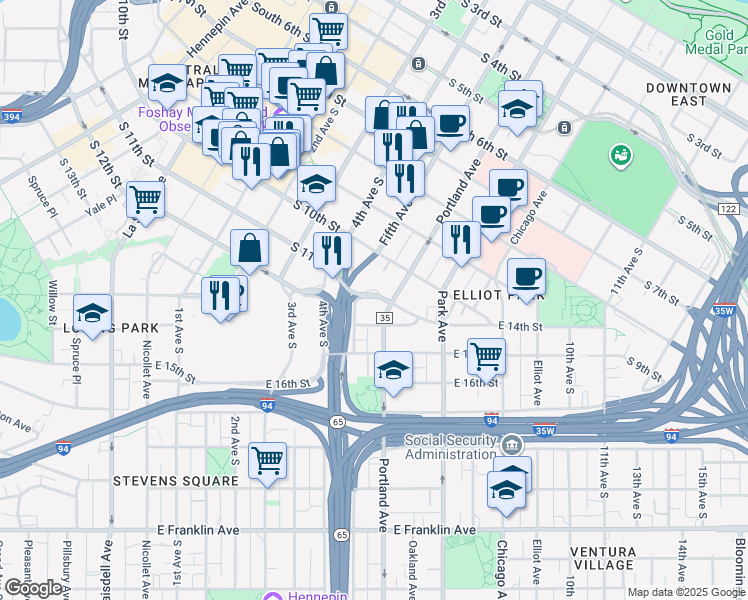 map of restaurants, bars, coffee shops, grocery stores, and more near 500 East Grant Street in Minneapolis