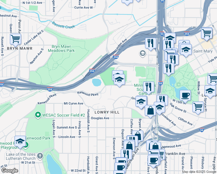 map of restaurants, bars, coffee shops, grocery stores, and more near 656-698 Kenwood Parkway in Minneapolis