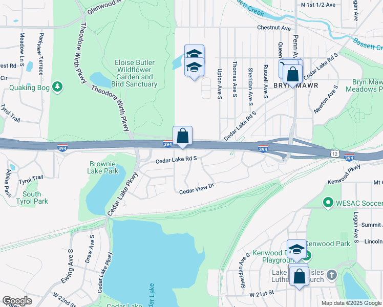 map of restaurants, bars, coffee shops, grocery stores, and more near 2809 South Wayzata Boulevard in Minneapolis