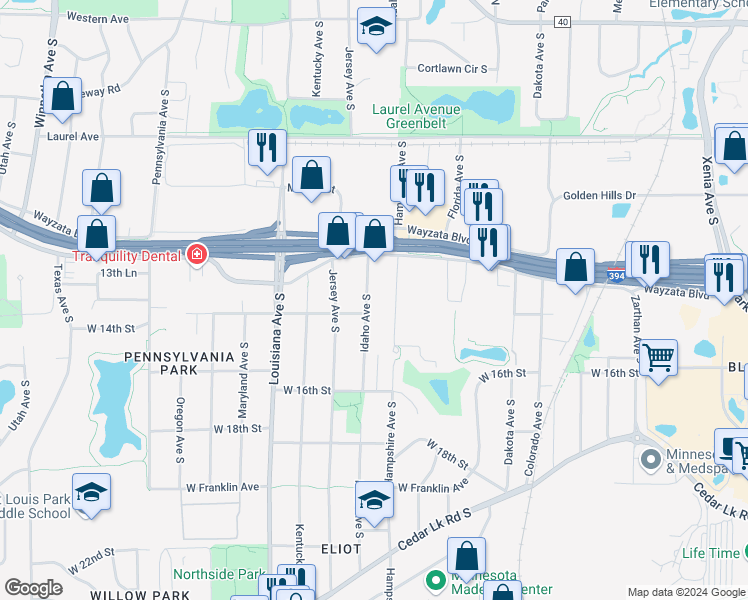 map of restaurants, bars, coffee shops, grocery stores, and more near 1338 Hampshire Avenue South in Minneapolis