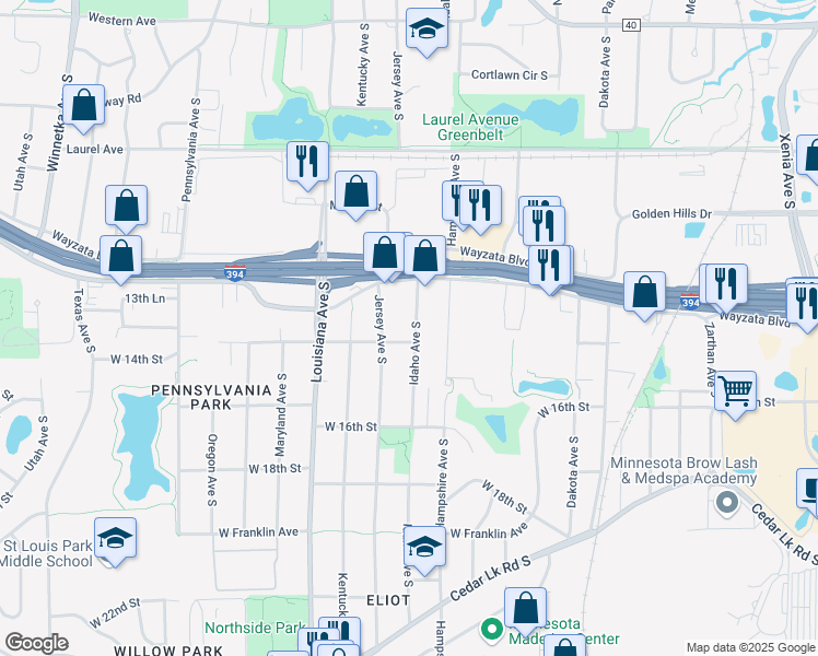 map of restaurants, bars, coffee shops, grocery stores, and more near 1328 Idaho Avenue South in St. Louis Park