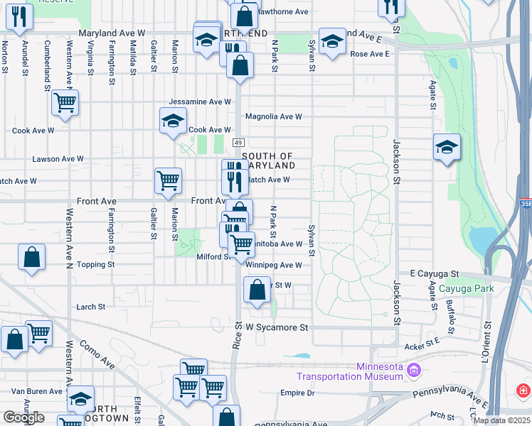 map of restaurants, bars, coffee shops, grocery stores, and more near 101 Litchfield Street West in Saint Paul