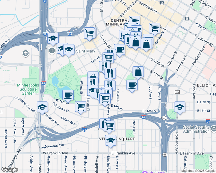 map of restaurants, bars, coffee shops, grocery stores, and more near 15 West Grant Street in Minneapolis
