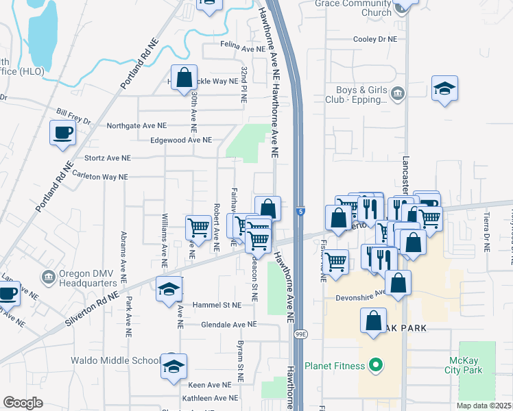 map of restaurants, bars, coffee shops, grocery stores, and more near 3446-3462 Hadley Street Northeast in Salem