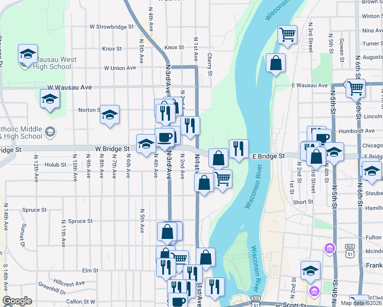 map of restaurants, bars, coffee shops, grocery stores, and more near 107 West Bridge Street in Wausau
