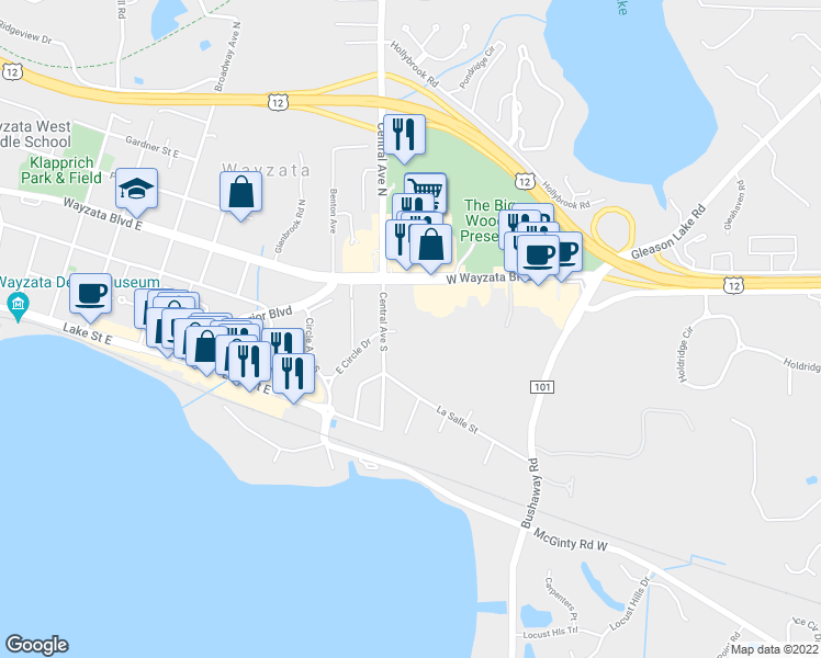map of restaurants, bars, coffee shops, grocery stores, and more near 208 Central Avenue North in Wayzata