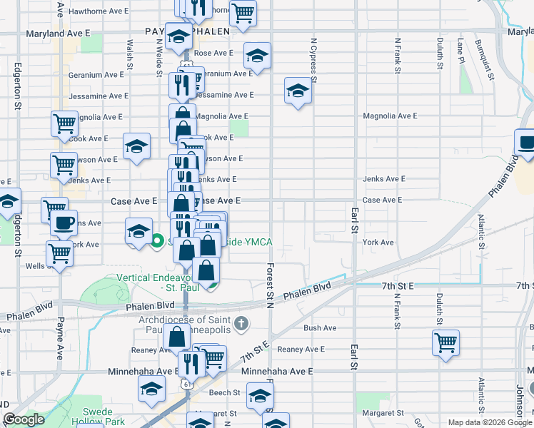 map of restaurants, bars, coffee shops, grocery stores, and more near 928 Case Avenue East in Saint Paul