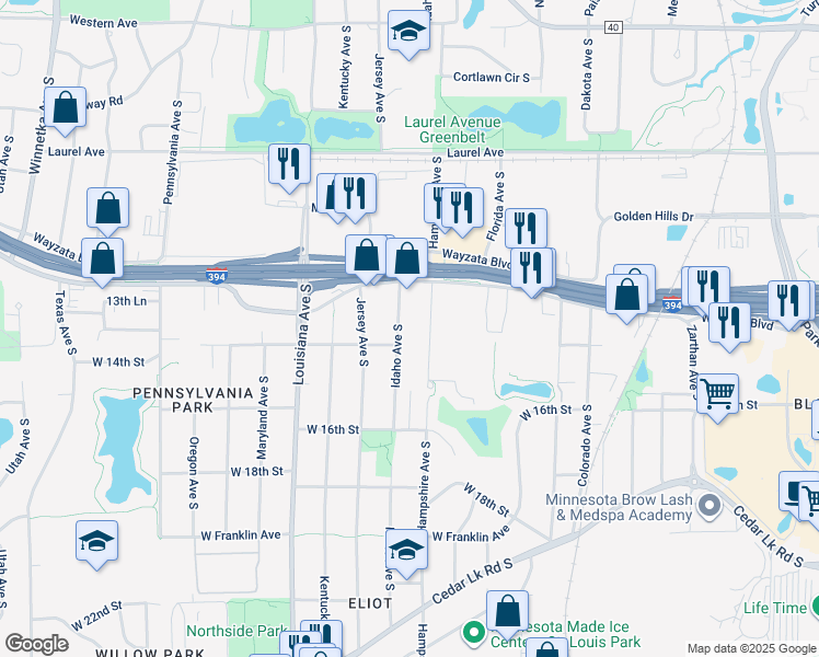 map of restaurants, bars, coffee shops, grocery stores, and more near 1345 Idaho Avenue South in Minneapolis