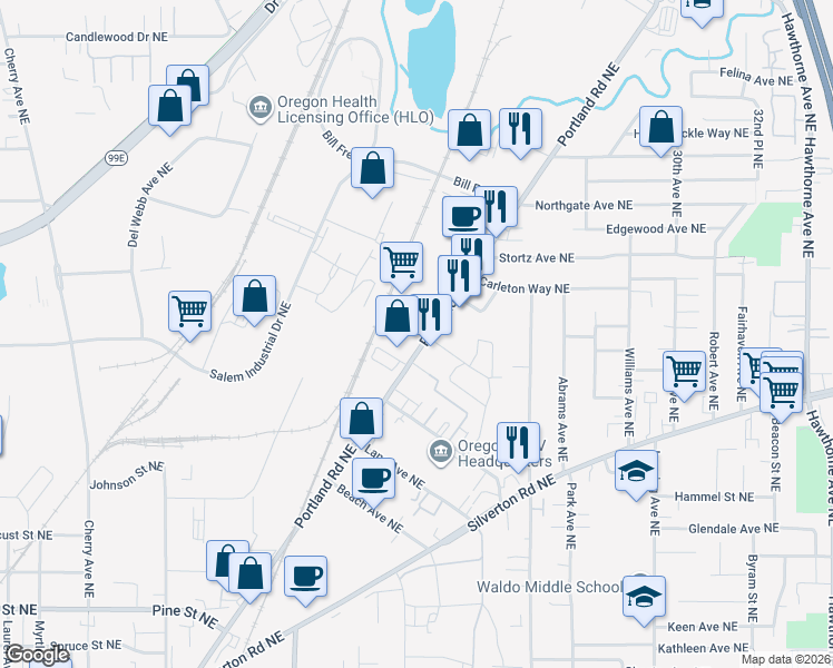 map of restaurants, bars, coffee shops, grocery stores, and more near 3350 Portland Road Northeast in Salem