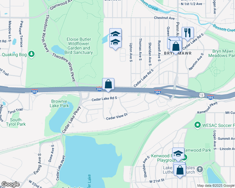 map of restaurants, bars, coffee shops, grocery stores, and more near 2809 South Wayzata Boulevard in Minneapolis