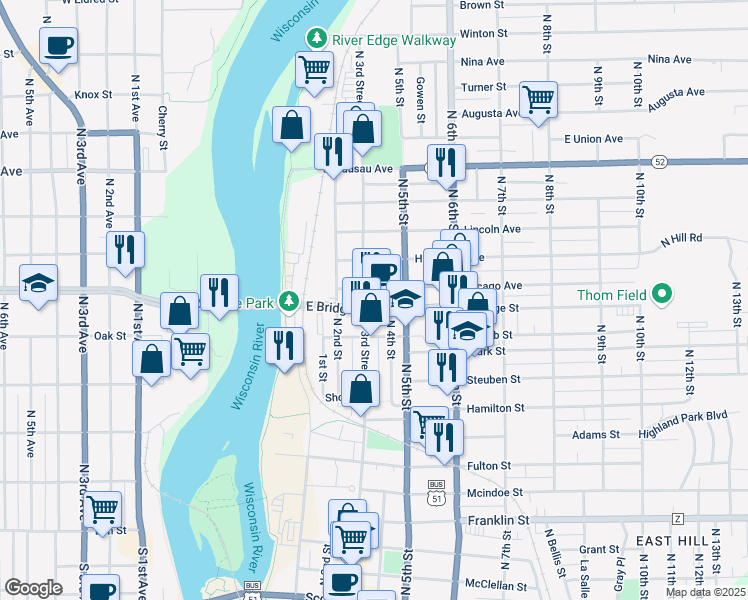 map of restaurants, bars, coffee shops, grocery stores, and more near 309 Chicago Avenue in Wausau