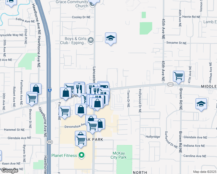 map of restaurants, bars, coffee shops, grocery stores, and more near 3441 Sandringham Drive Northeast in Salem