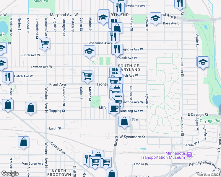 map of restaurants, bars, coffee shops, grocery stores, and more near 957 Rice Street in Saint Paul