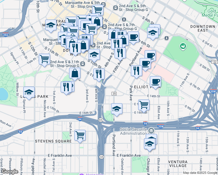 map of restaurants, bars, coffee shops, grocery stores, and more near 566 East Grant Street in Minneapolis