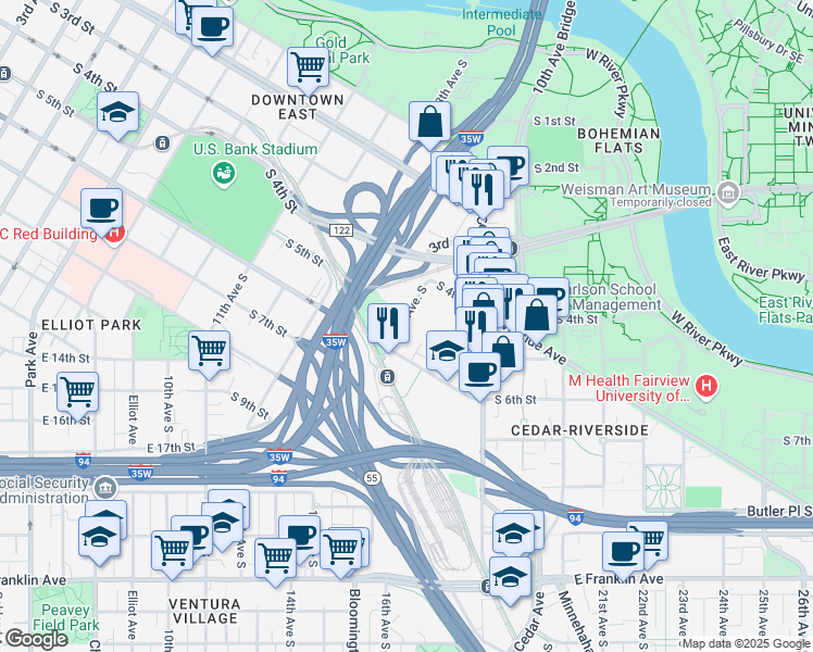 map of restaurants, bars, coffee shops, grocery stores, and more near 505 15th Avenue South in Minneapolis