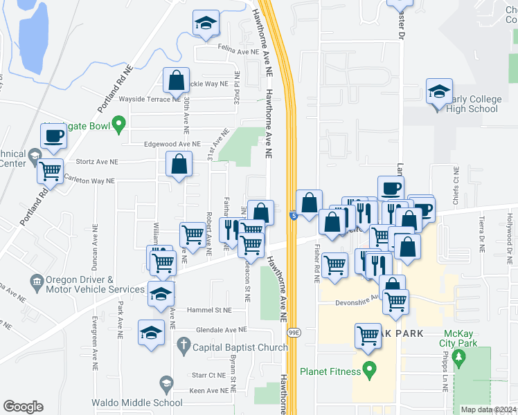 map of restaurants, bars, coffee shops, grocery stores, and more near 3491 Hawthorne Avenue Northeast in Salem