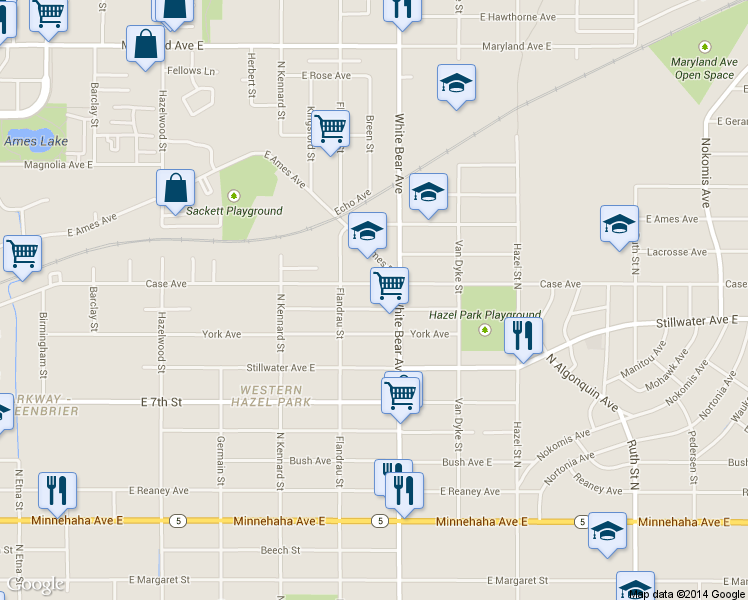 map of restaurants, bars, coffee shops, grocery stores, and more near 1736 Case Avenue East in Saint Paul