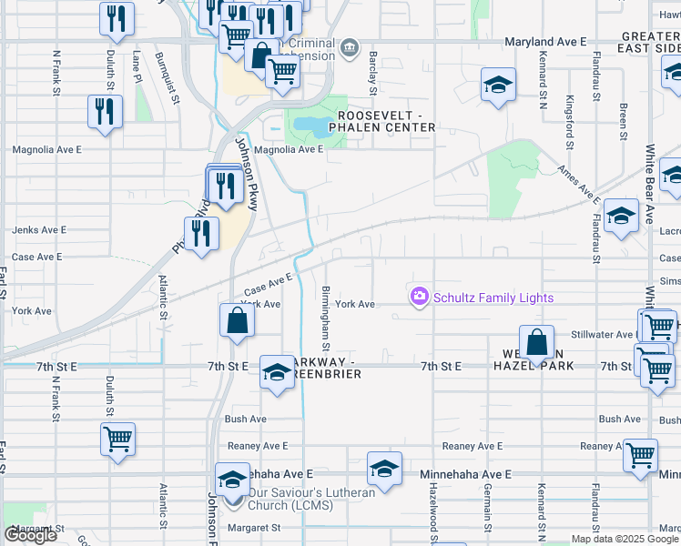 map of restaurants, bars, coffee shops, grocery stores, and more near 1424 Case Avenue East in Saint Paul
