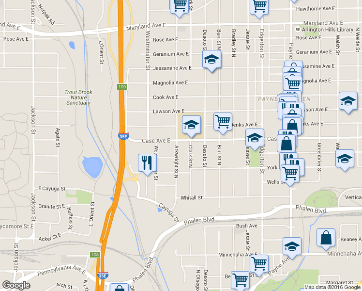 map of restaurants, bars, coffee shops, grocery stores, and more near 398 Case Avenue East in Saint Paul