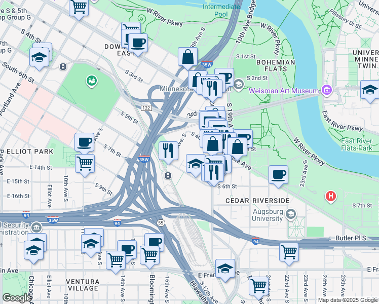 map of restaurants, bars, coffee shops, grocery stores, and more near 1525 South 4th Street in Minneapolis