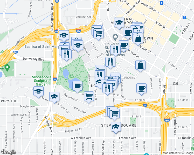 map of restaurants, bars, coffee shops, grocery stores, and more near 110 West Grant Street in Minneapolis