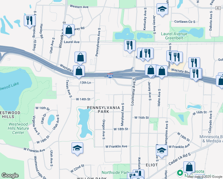 map of restaurants, bars, coffee shops, grocery stores, and more near 7336 West 14th Street in Minneapolis