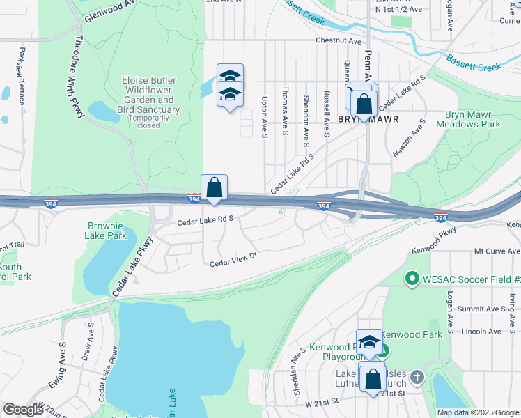 map of restaurants, bars, coffee shops, grocery stores, and more near 1001 Cedar Lake Road South in Minneapolis