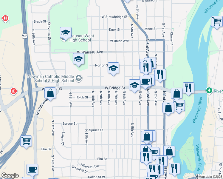 map of restaurants, bars, coffee shops, grocery stores, and more near 713 West Bridge Street in Wausau