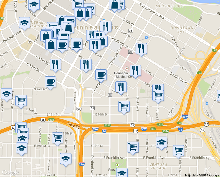 map of restaurants, bars, coffee shops, grocery stores, and more near 619 South 10th Street in Minneapolis