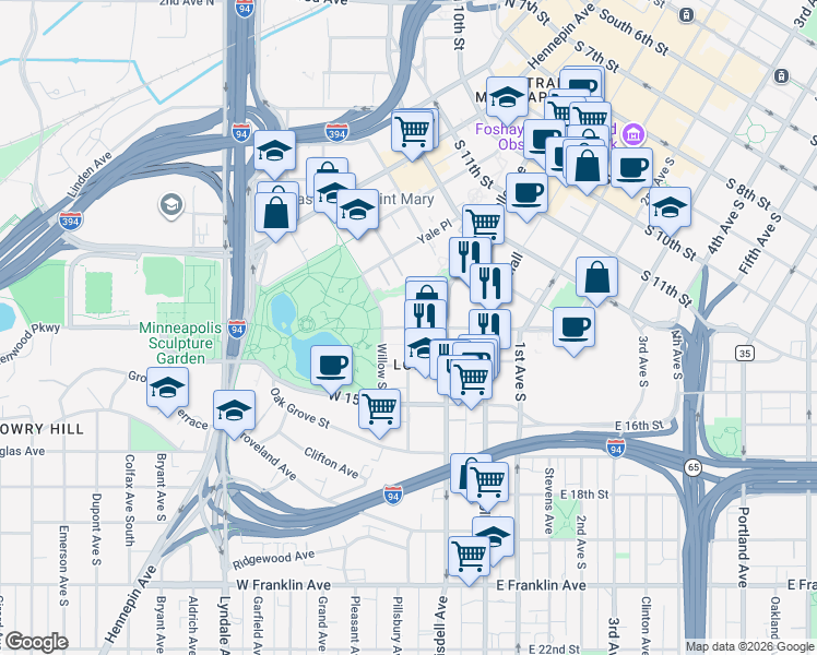 map of restaurants, bars, coffee shops, grocery stores, and more near Spruce Place & West Grant Street in Minneapolis