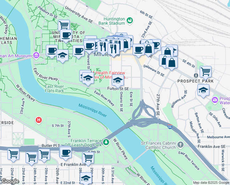 map of restaurants, bars, coffee shops, grocery stores, and more near 609 Southeast Oak Street in Minneapolis