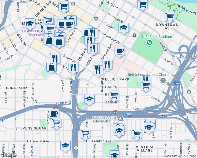 map of restaurants, bars, coffee shops, grocery stores, and more near 619 South 10th Street in Minneapolis