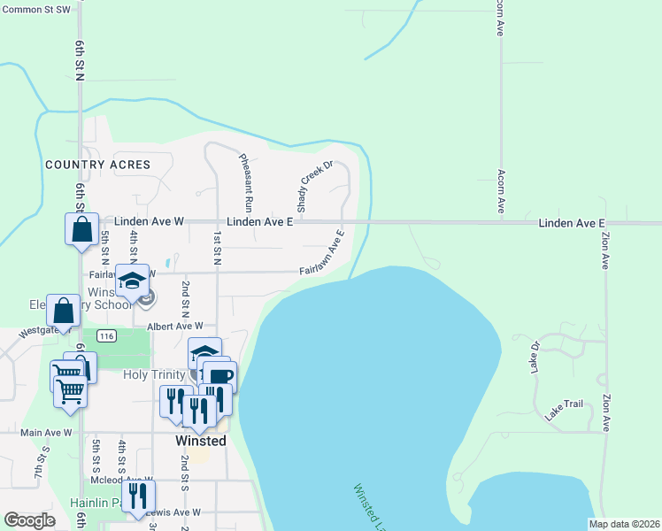 map of restaurants, bars, coffee shops, grocery stores, and more near 137 Fairlawn Avenue East in Winsted