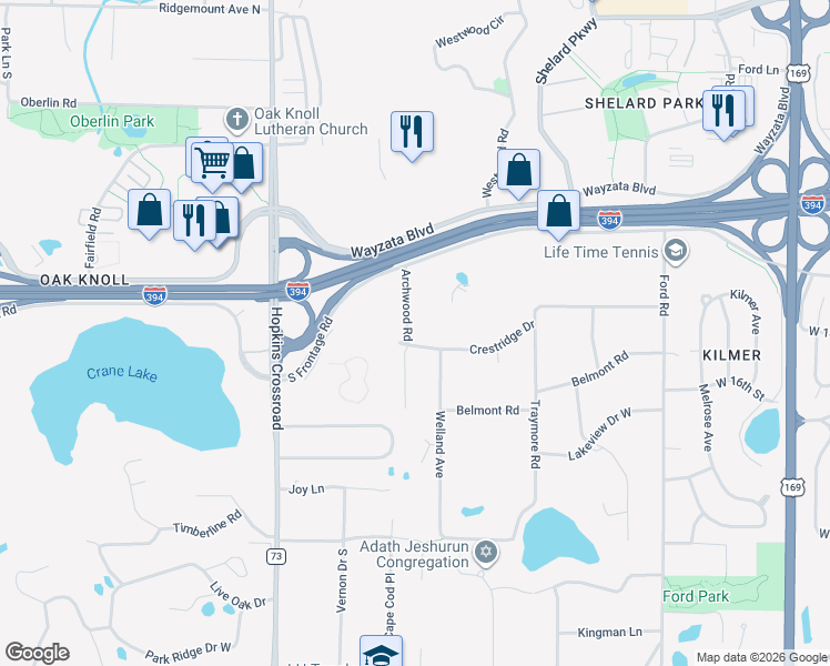 map of restaurants, bars, coffee shops, grocery stores, and more near 1417 Archwood Road in Hopkins