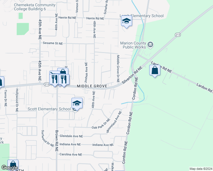 map of restaurants, bars, coffee shops, grocery stores, and more near 4822-4899 Cheryl Lynn Way Northeast in Salem