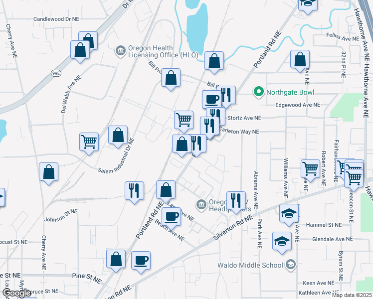 map of restaurants, bars, coffee shops, grocery stores, and more near 3357 Portland Road Northeast in Salem