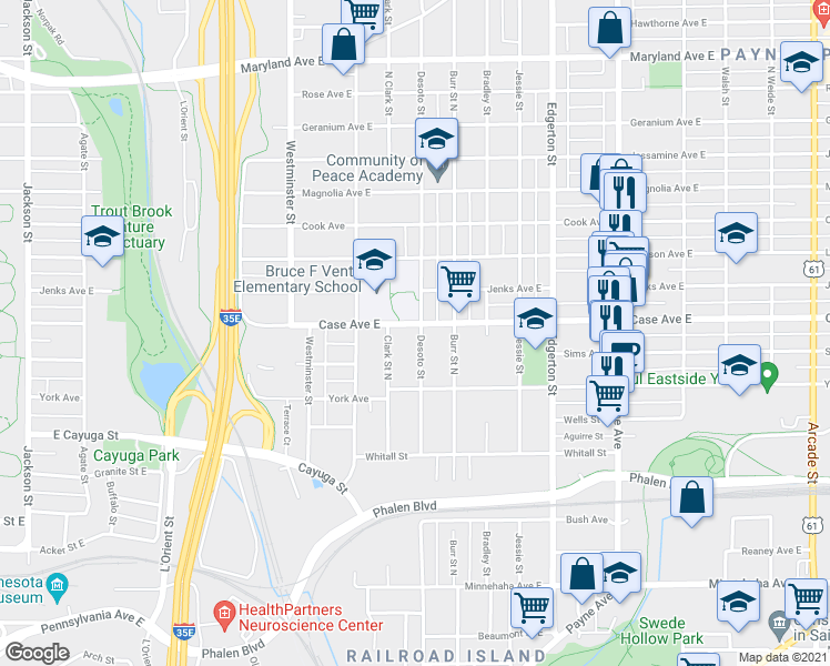 map of restaurants, bars, coffee shops, grocery stores, and more near 462 Case Avenue East in Saint Paul