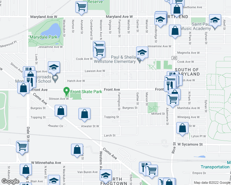 map of restaurants, bars, coffee shops, grocery stores, and more near 332 Front Avenue in Saint Paul