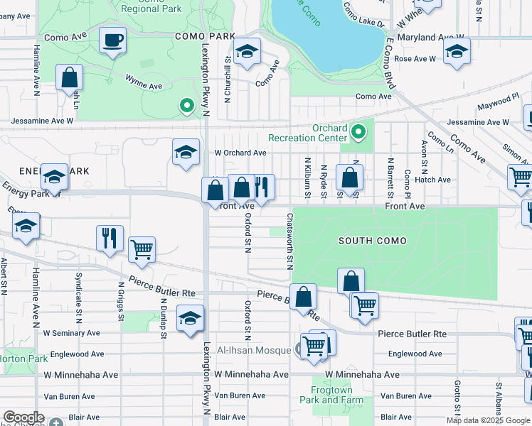 map of restaurants, bars, coffee shops, grocery stores, and more near 1002 Front Avenue in Saint Paul