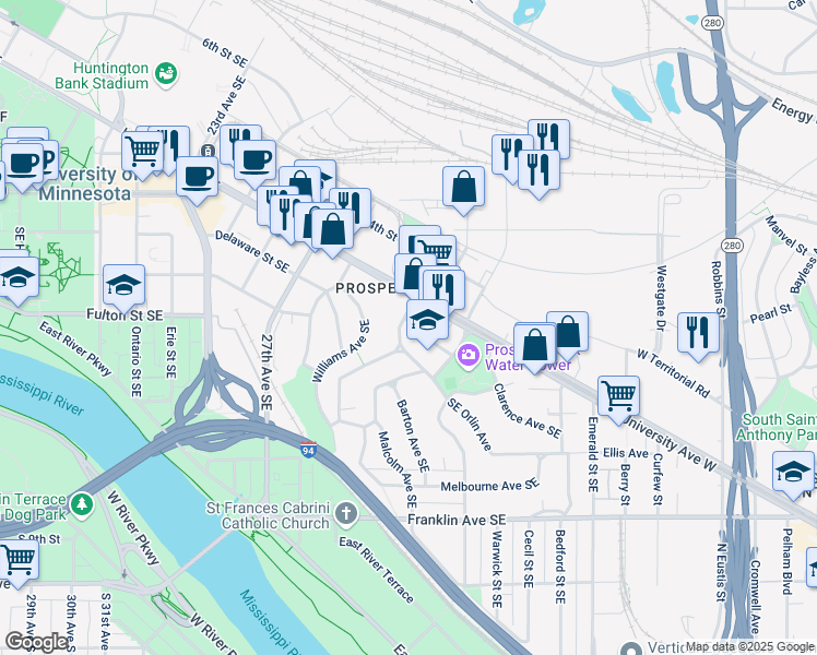 map of restaurants, bars, coffee shops, grocery stores, and more near 3008 University Avenue Southeast in Minneapolis