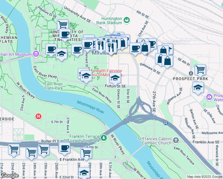 map of restaurants, bars, coffee shops, grocery stores, and more near 609 Southeast Oak Street in Minneapolis