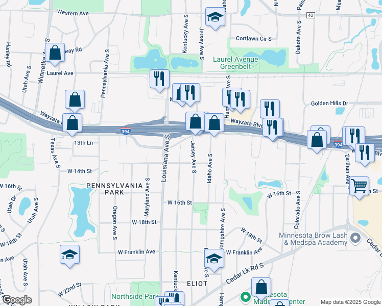 map of restaurants, bars, coffee shops, grocery stores, and more near 1333 Kentucky Avenue South in Minneapolis