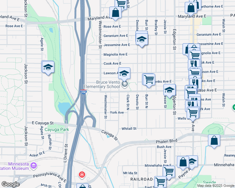 map of restaurants, bars, coffee shops, grocery stores, and more near 398 Case Avenue East in Saint Paul