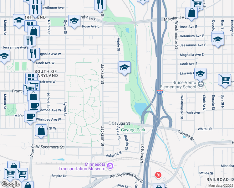 map of restaurants, bars, coffee shops, grocery stores, and more near 150 Case Avenue East in Saint Paul