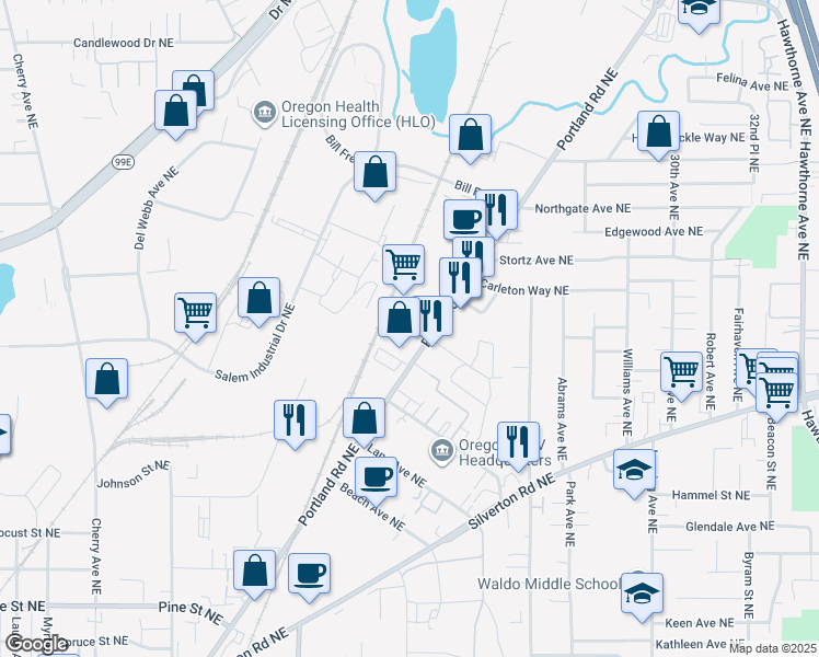 map of restaurants, bars, coffee shops, grocery stores, and more near 3357 Portland Road Northeast in Salem