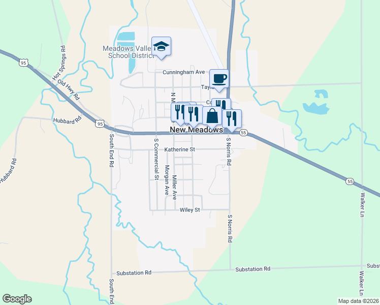 map of restaurants, bars, coffee shops, grocery stores, and more near 221 Katherine Avenue in New Meadows