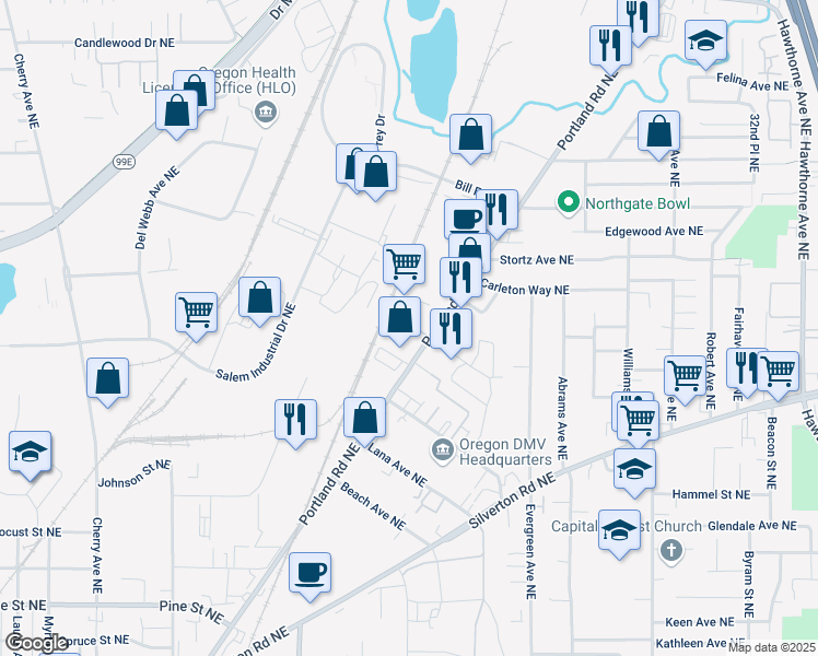 map of restaurants, bars, coffee shops, grocery stores, and more near 3357 Portland Road Northeast in Salem