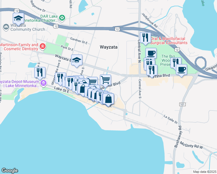 map of restaurants, bars, coffee shops, grocery stores, and more near 202 Superior Boulevard in Wayzata